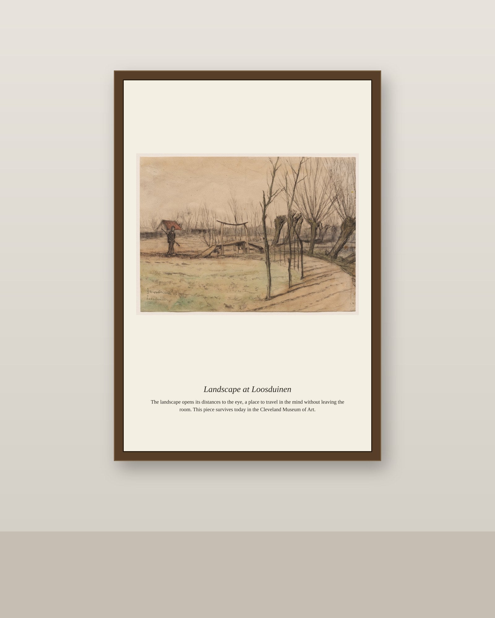 Landscape at Loosduinen antique landscape print shown framed on a wall in a styled room