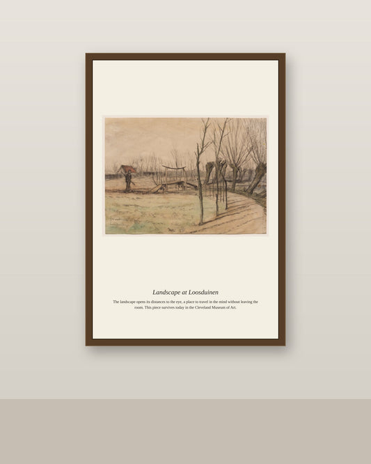 Landscape at Loosduinen antique landscape print shown framed on a wall in a styled room