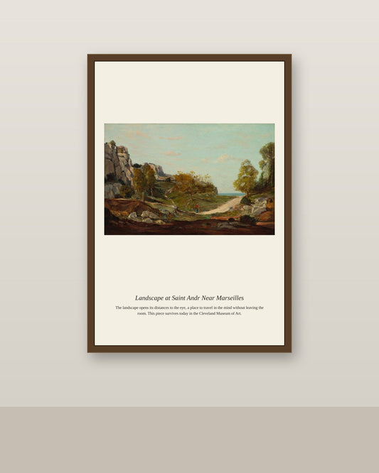 Landscape at Saint Andr Near Marseilles antique religious art print shown framed on a wall in a styled room