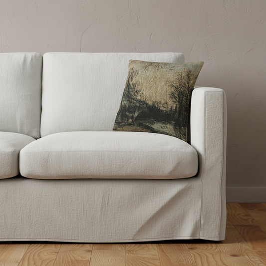 A cream-colored slipcovered sofa with a textured throw pillow featuring a dark, moody landscape painting, set against a neutral beige wall and light wood flooring.