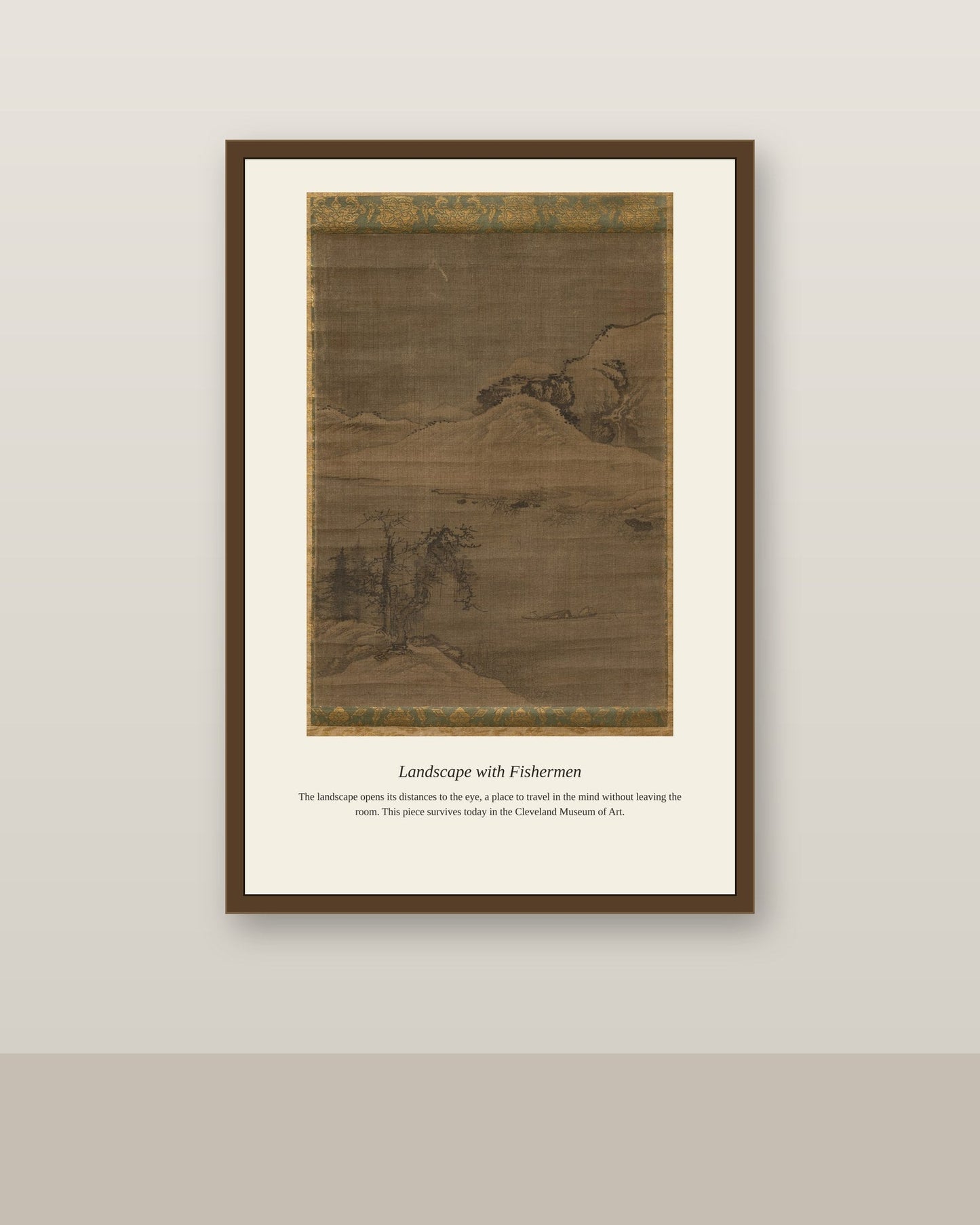 Landscape with Fishermen antique natural history print shown framed on a wall in a styled room