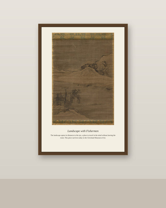 Landscape with Fishermen antique natural history print shown framed on a wall in a styled room