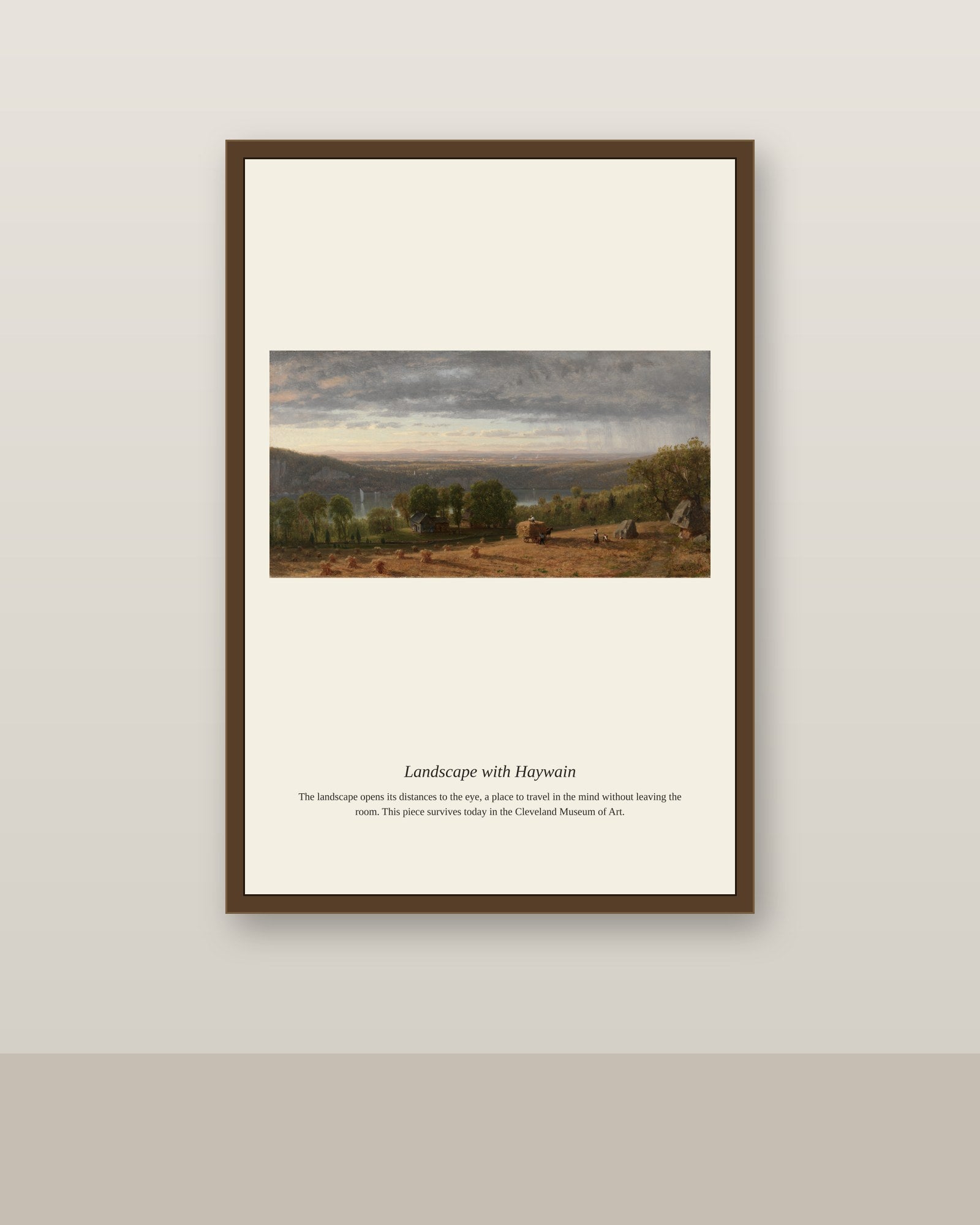 Landscape with Haywain antique landscape print shown framed on a wall in a styled room