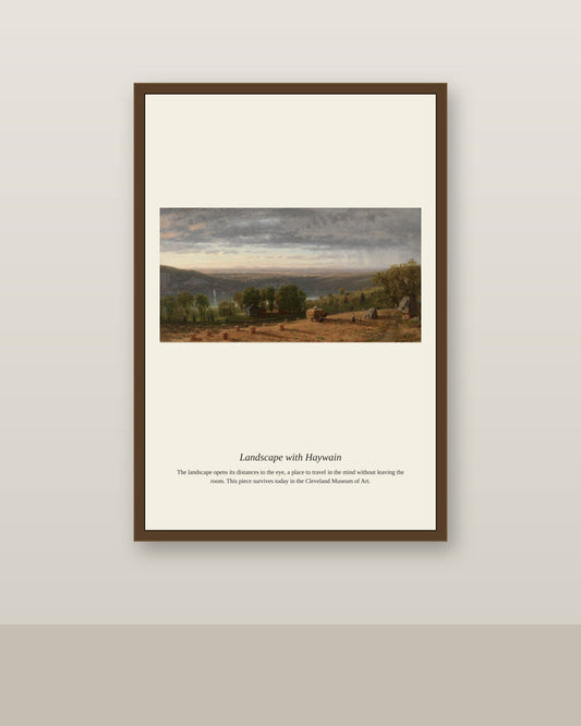 Landscape with Haywain antique landscape print shown framed on a wall in a styled room