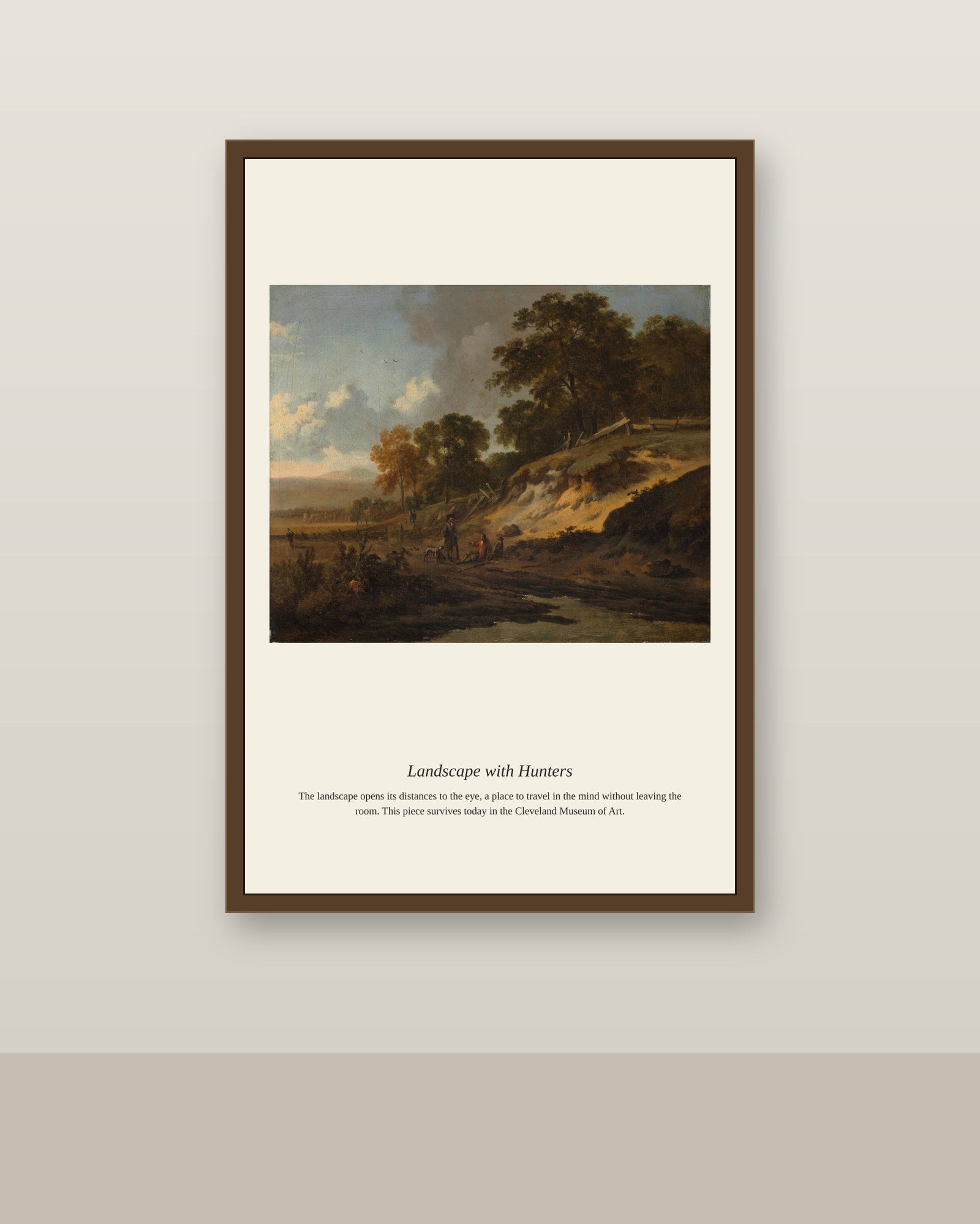 Landscape with Hunters antique landscape print shown framed on a wall in a styled room