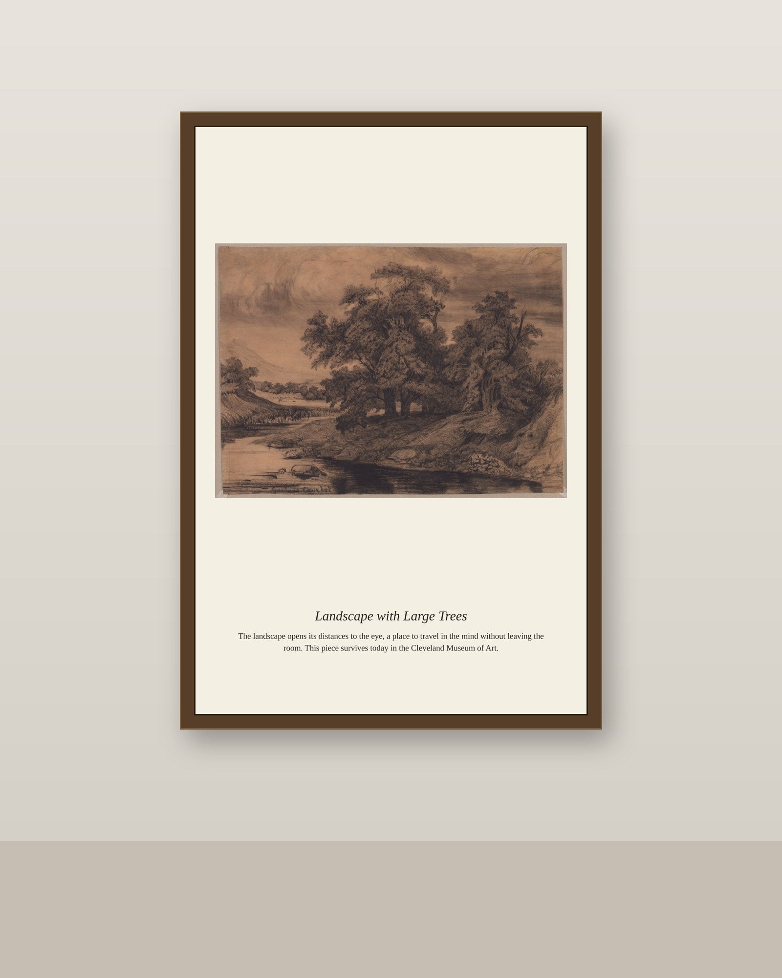 Landscape with Large Trees antique landscape print shown framed on a wall in a styled room