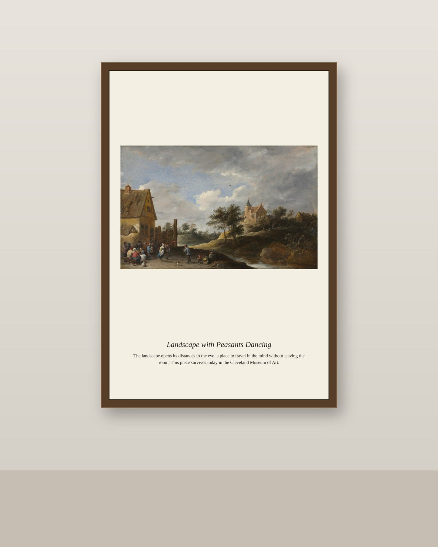 Landscape with Peasants Dancing antique landscape print shown framed on a wall in a styled room
