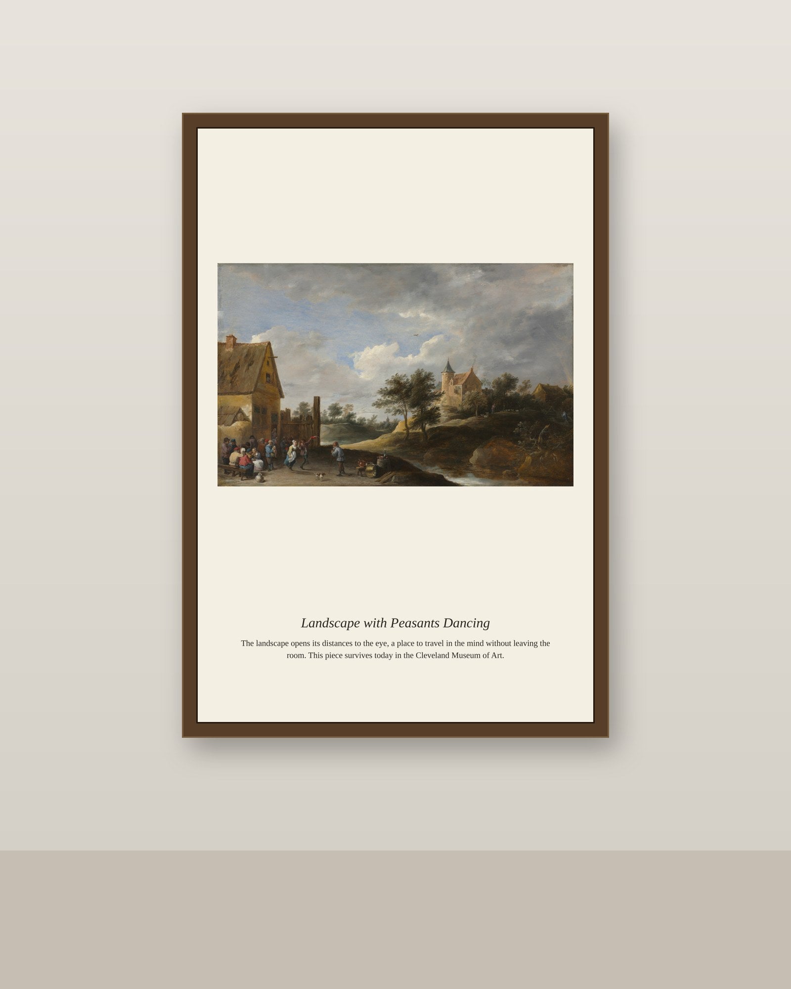 Landscape with Peasants Dancing antique landscape print shown framed on a wall in a styled room