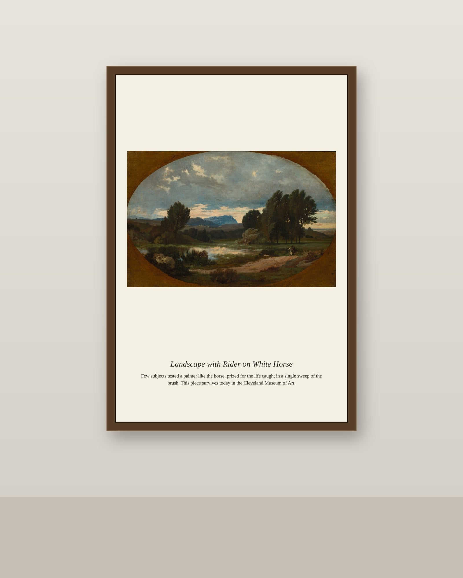 Landscape with Rider on White Horse antique natural history print shown framed on a wall in a styled room