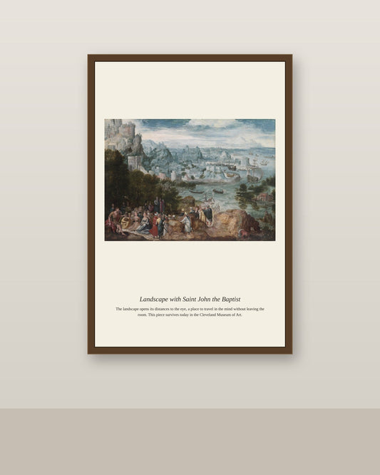 Landscape with Saint John the Baptist antique religious art print shown framed on a wall in a styled room