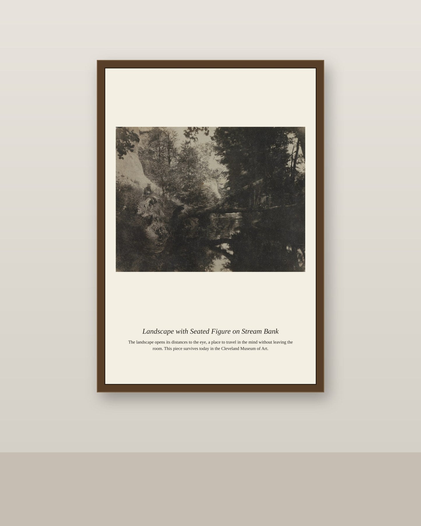 Landscape with Seated Figure on Stream Bank antique landscape print shown framed on a wall in a styled room