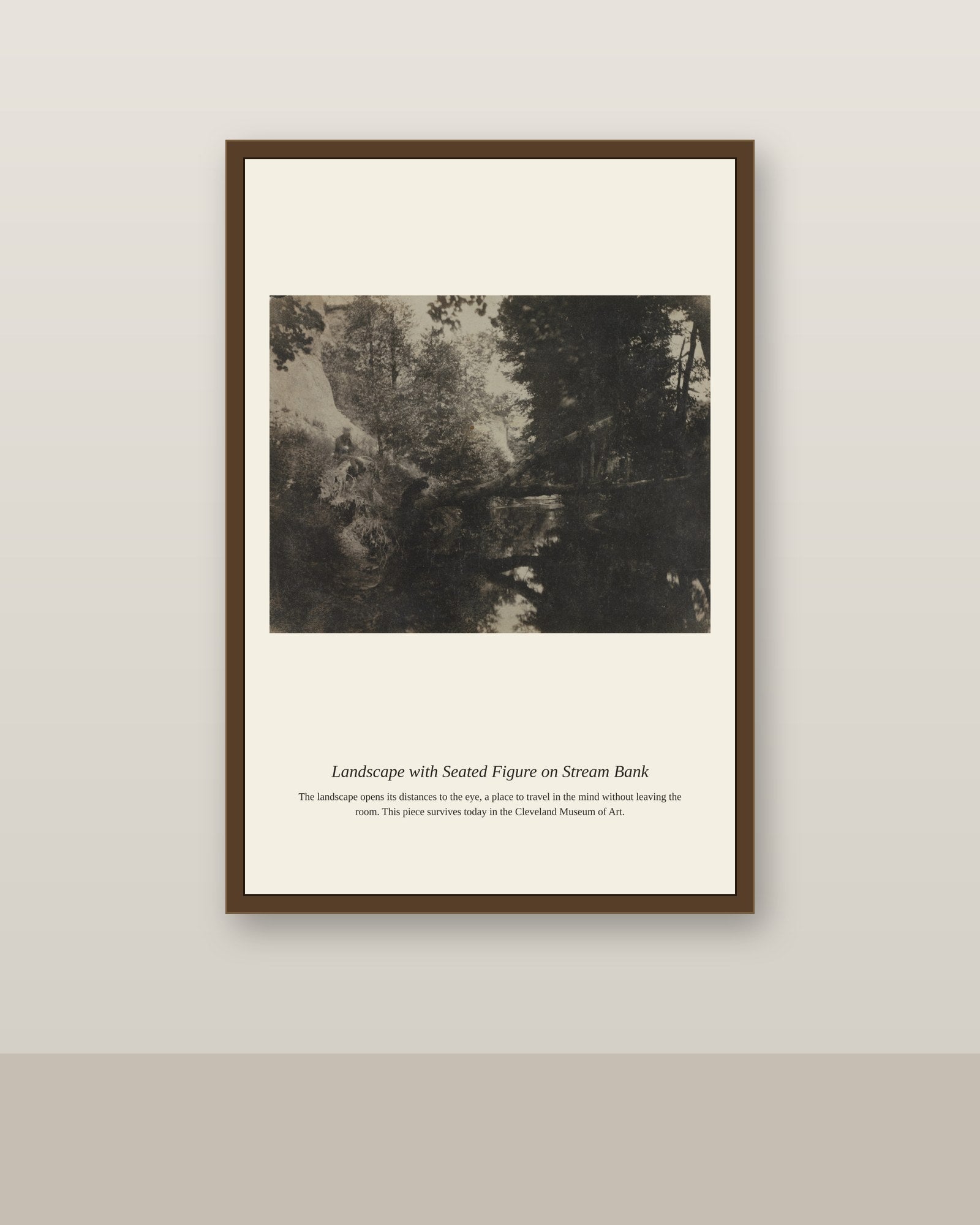 Landscape with Seated Figure on Stream Bank antique landscape print shown framed on a wall in a styled room