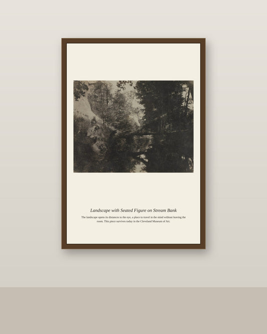 Landscape with Seated Figure on Stream Bank antique landscape print shown framed on a wall in a styled room