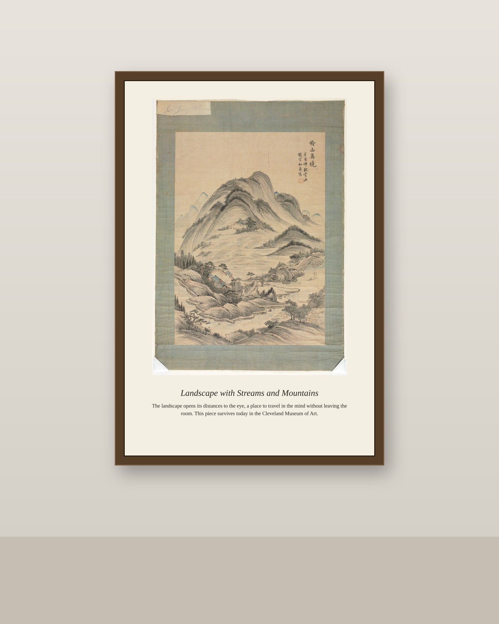 Landscape with Streams and Mountains antique landscape print shown framed on a wall in a styled room