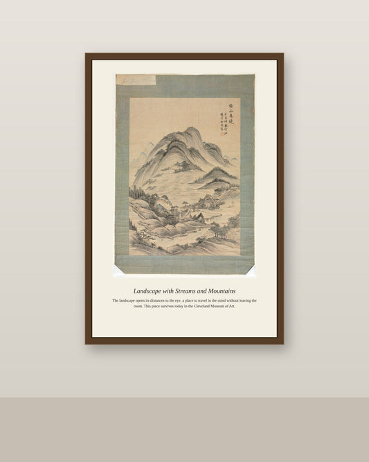 Landscape with Streams and Mountains antique landscape print shown framed on a wall in a styled room