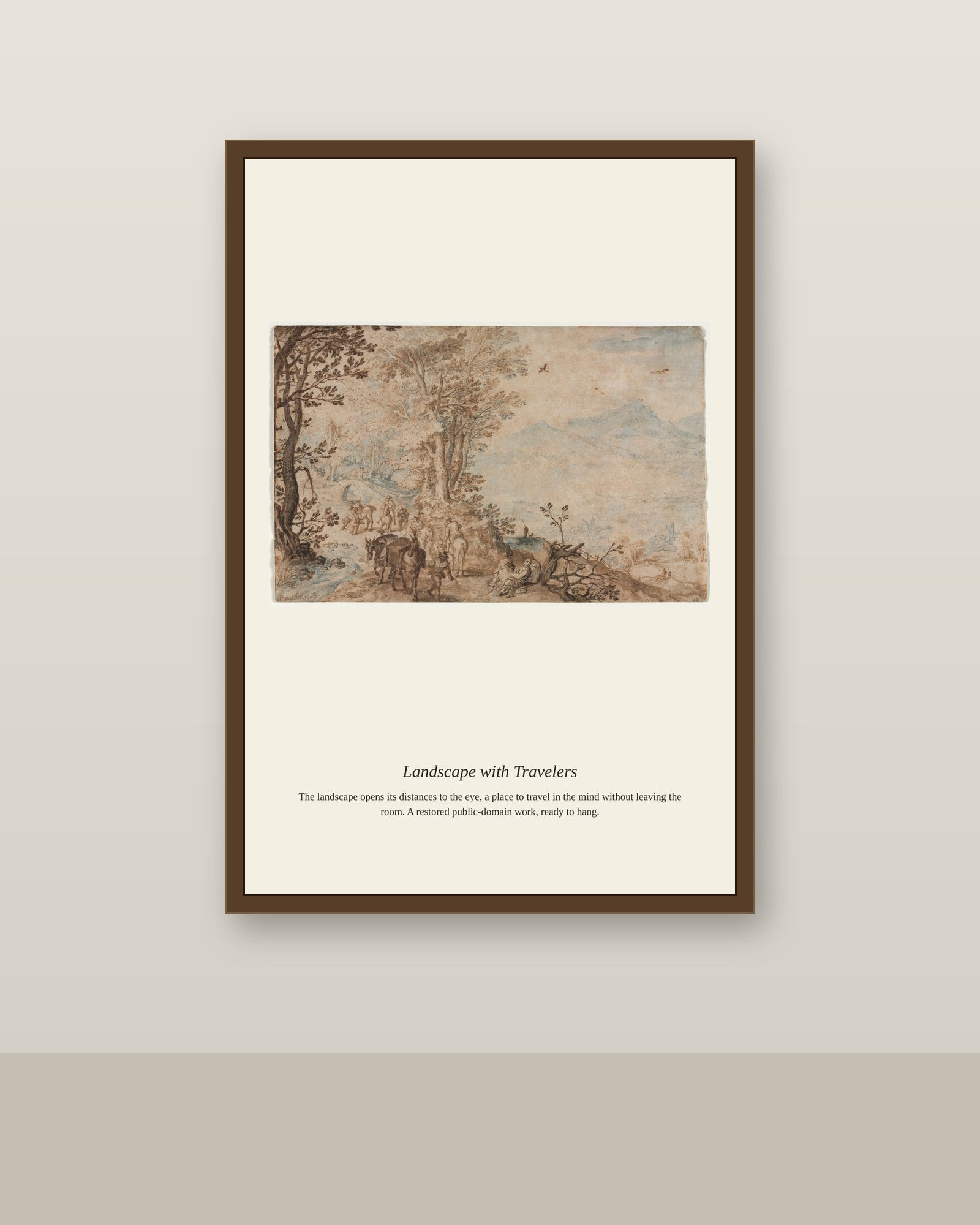 Landscape with Travelers antique landscape print shown framed on a wall in a styled room