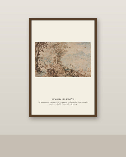 Landscape with Travelers antique landscape print shown framed on a wall in a styled room