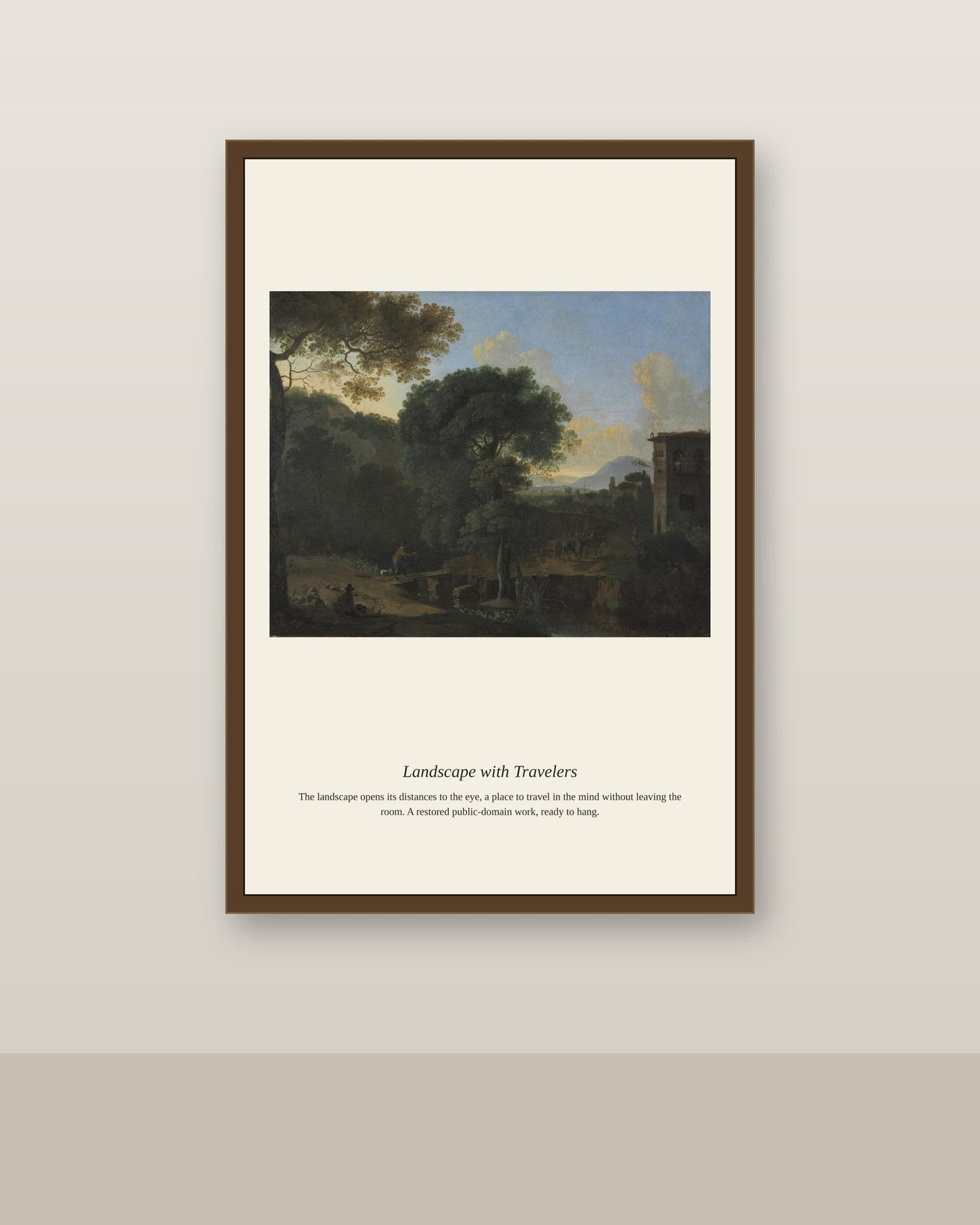 Landscape with Travelers (2) antique landscape print shown framed on a wall in a styled room