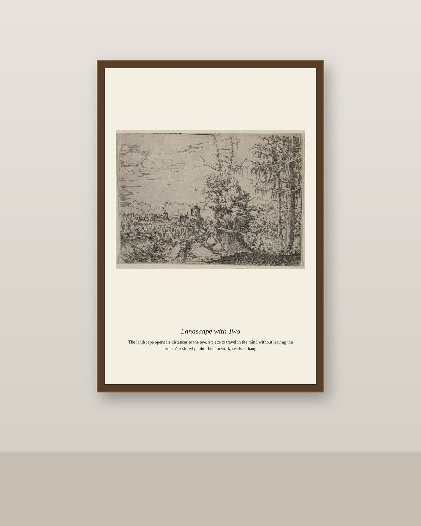 Landscape with Two antique landscape print shown framed on a wall in a styled room