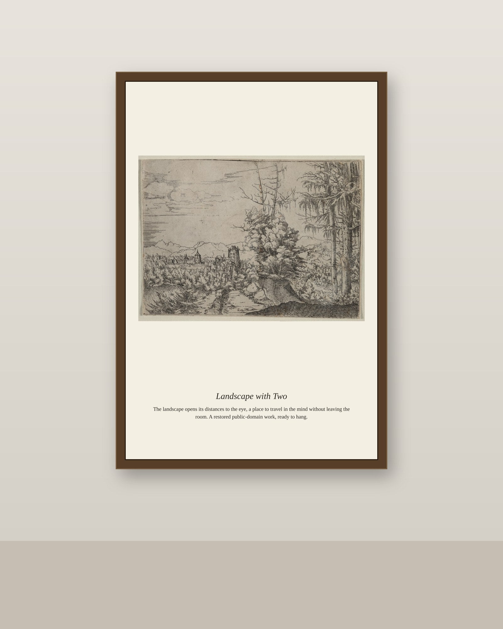 Landscape with Two antique landscape print shown framed on a wall in a styled room