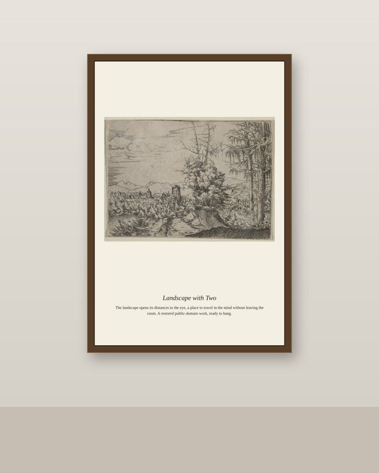 Landscape with Two antique landscape print shown framed on a wall in a styled room