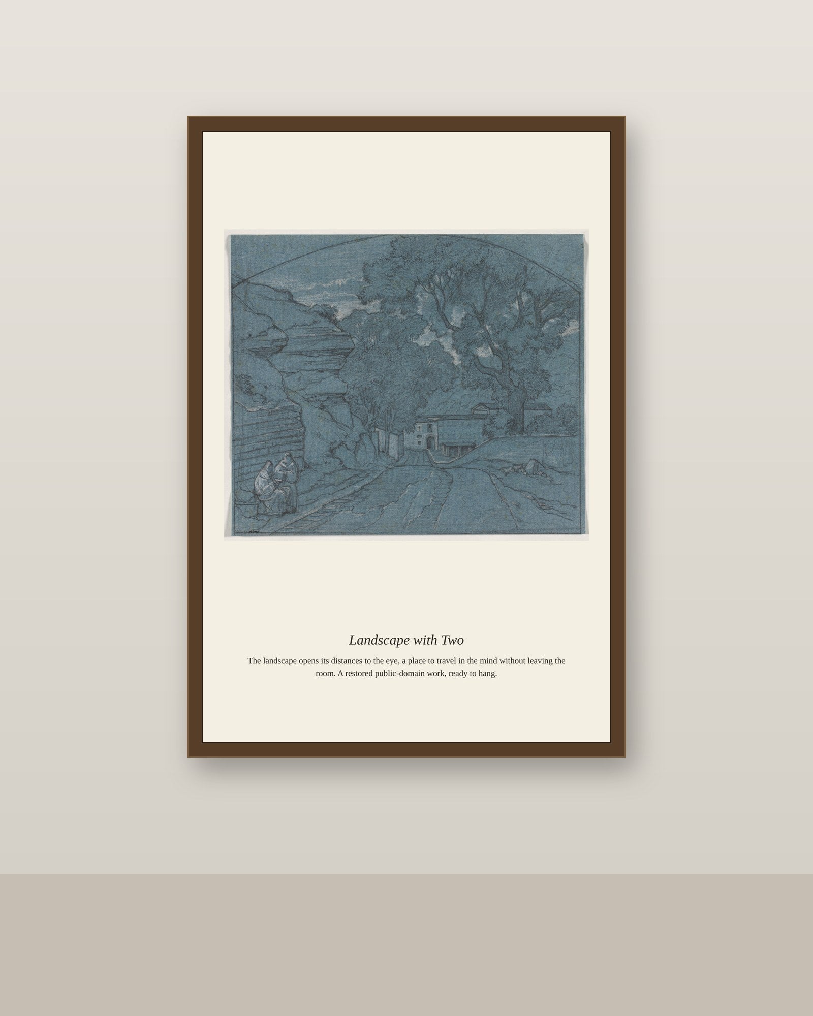 Landscape with Two (2) antique landscape print shown framed on a wall in a styled room