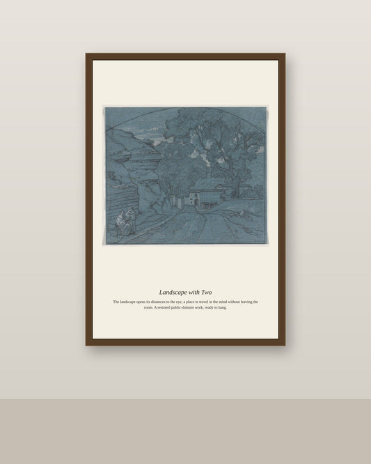 Landscape with Two (2) antique landscape print shown framed on a wall in a styled room