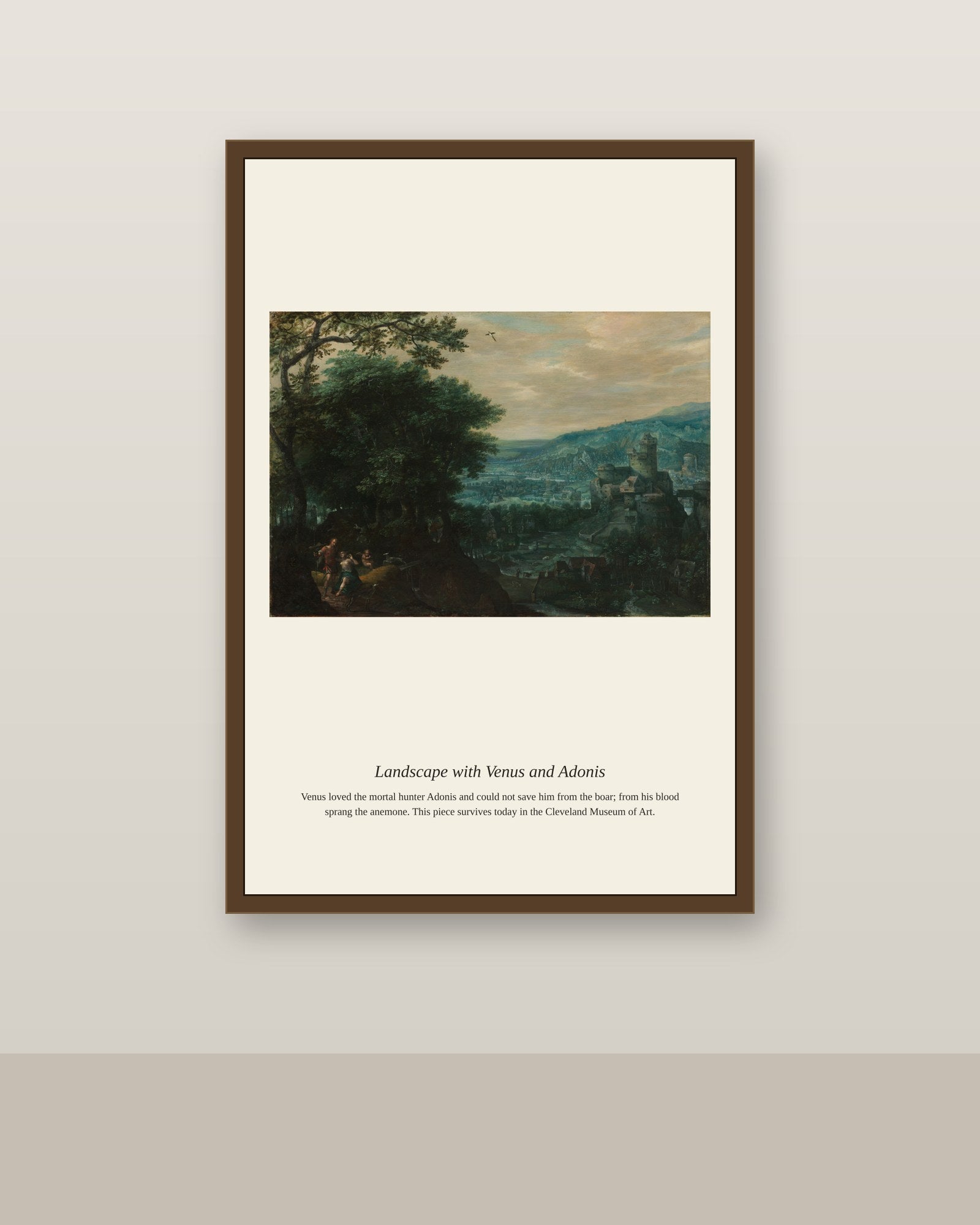 Landscape with Venus and Adonis antique mythological print shown framed on a wall in a styled room