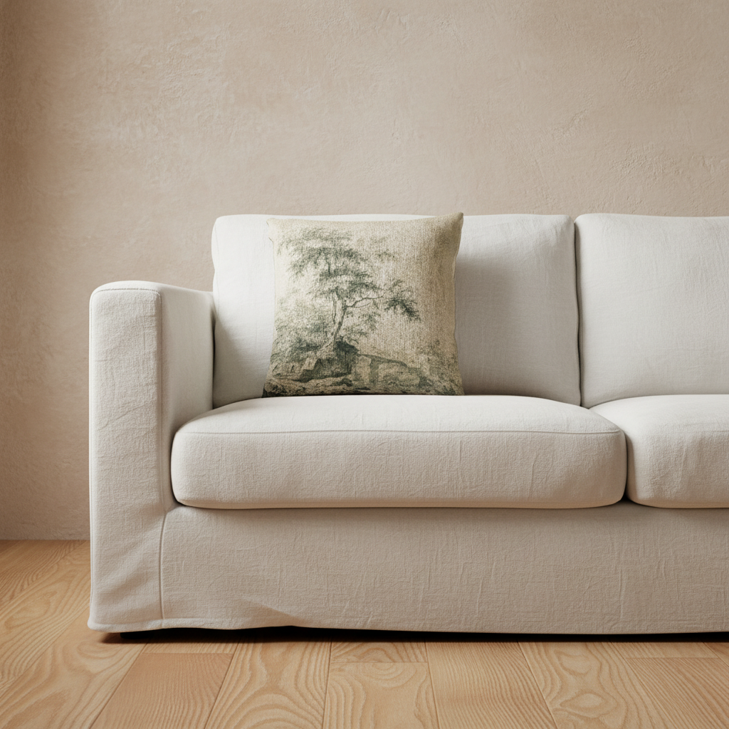 An olive green velvet sofa in a styled room setting, featuring a square throw pillow with a vintage-style tree print, next to a wooden side table with a vase of branches against a textured light gray wall.