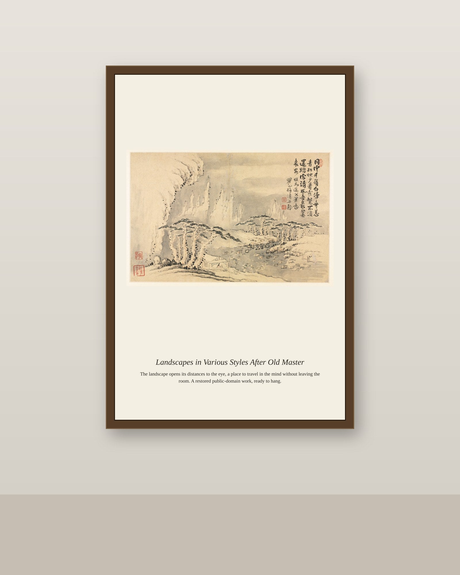 Landscapes in Various Styles After Old antique landscape print shown framed on a wall in a styled room