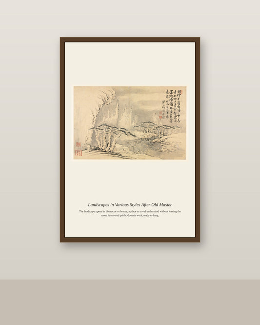 Landscapes in Various Styles After Old antique landscape print shown framed on a wall in a styled room