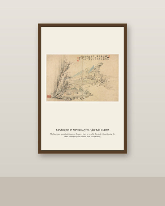 Landscapes in Various Styles After Old (4) antique landscape print shown framed on a wall in a styled room