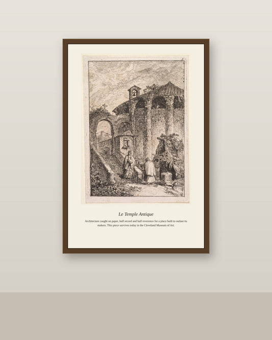 Le Temple Antique antique architectural print shown framed on a wall in a styled room