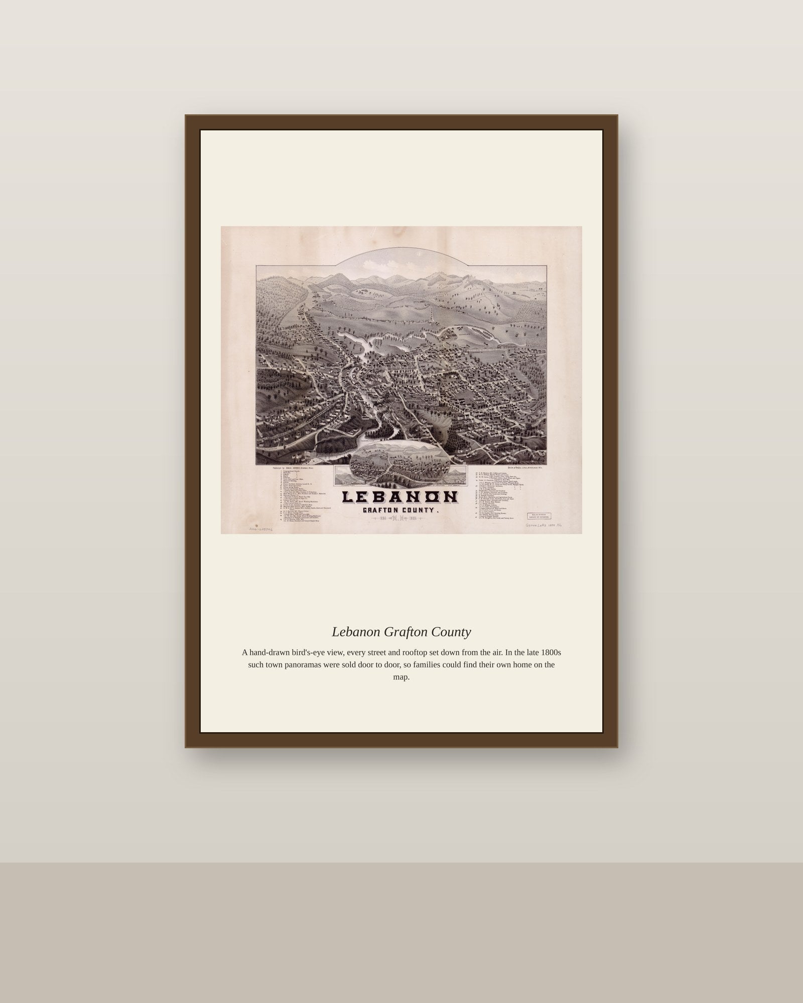 Lebanon Grafton County antique map print shown framed on a wall in a styled room