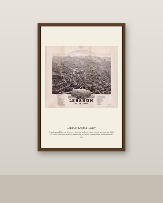 Lebanon Grafton County antique map print shown framed on a wall in a styled room
