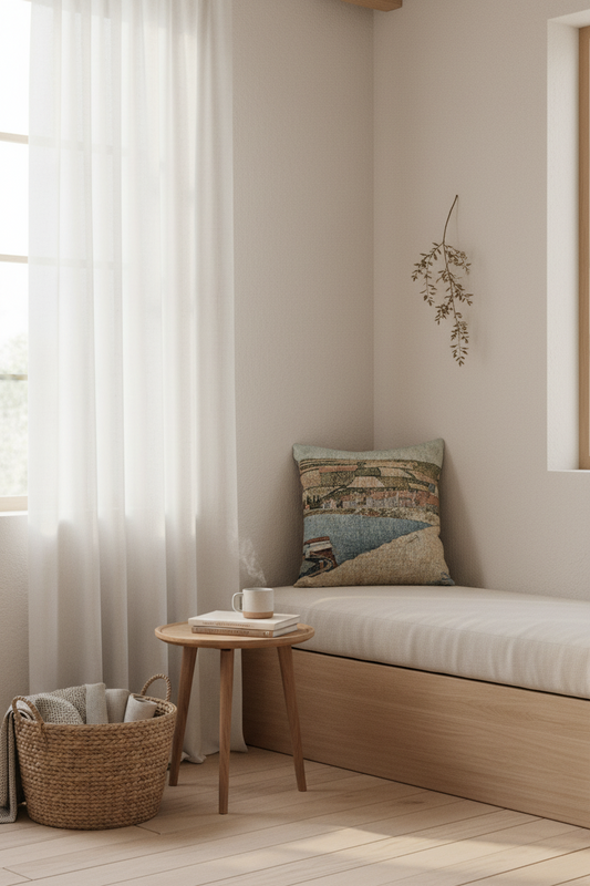 A cozy corner of a minimalist room featuring a light wood daybed with a white cushion and a decorative landscape throw pillow, next to a small round wooden side table with a cup and books, and a woven basket on a light wood floor.