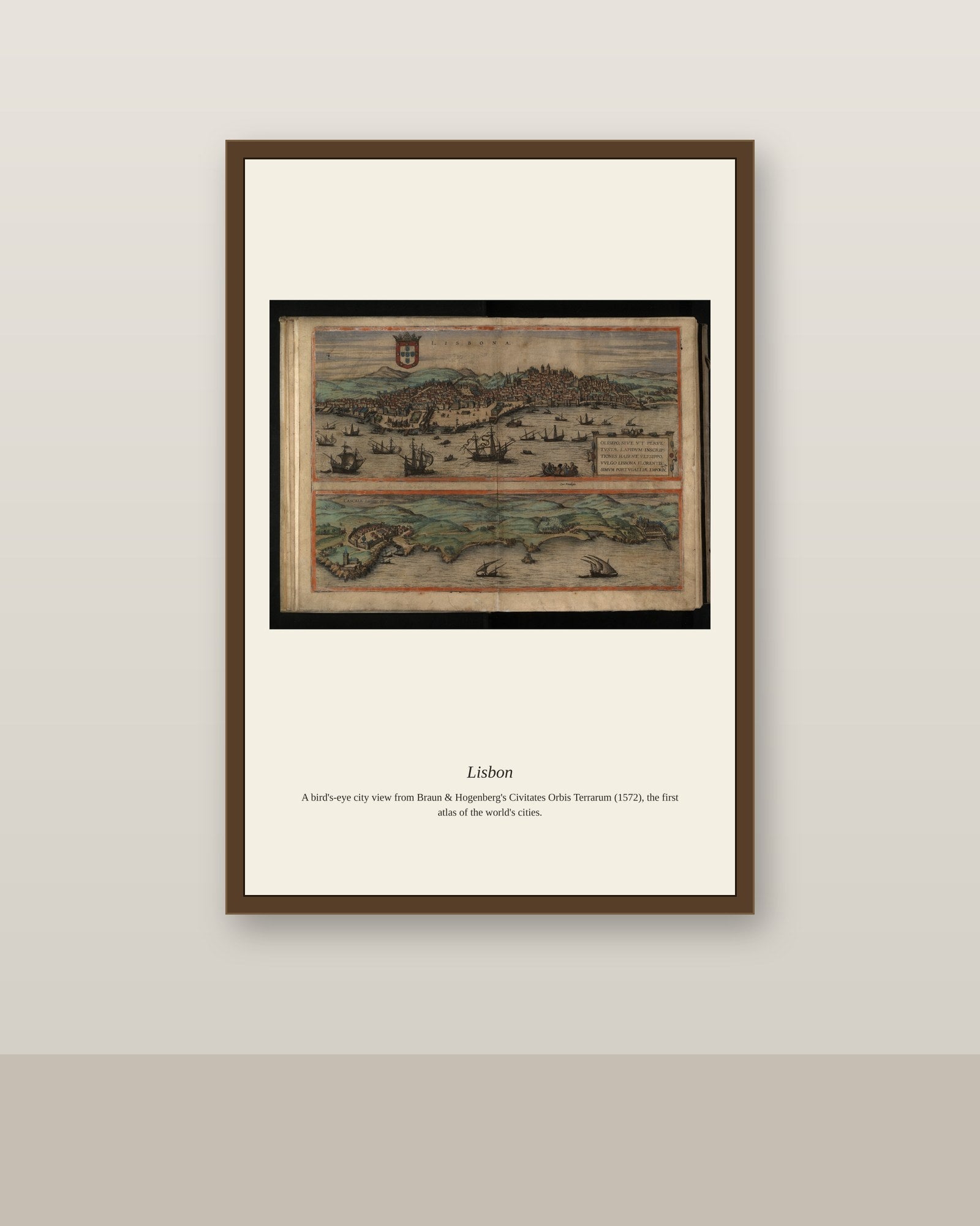 Lisbon antique city map print shown framed on a wall in a styled room