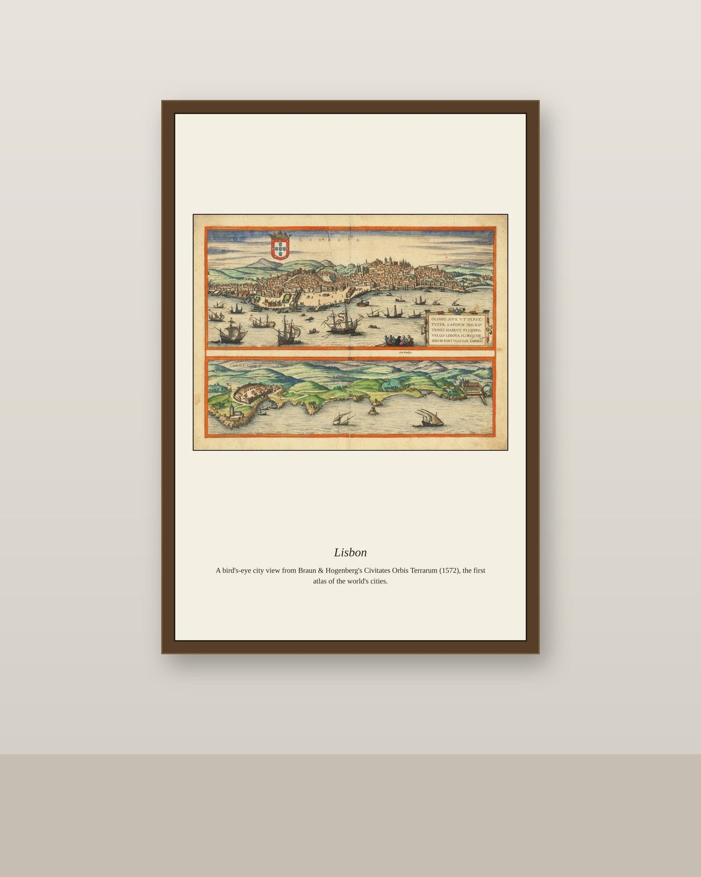 Lisbon (2) antique city map print shown framed on a wall in a styled room