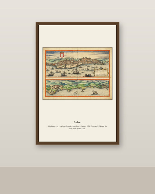 Lisbon (2) antique city map print shown framed on a wall in a styled room