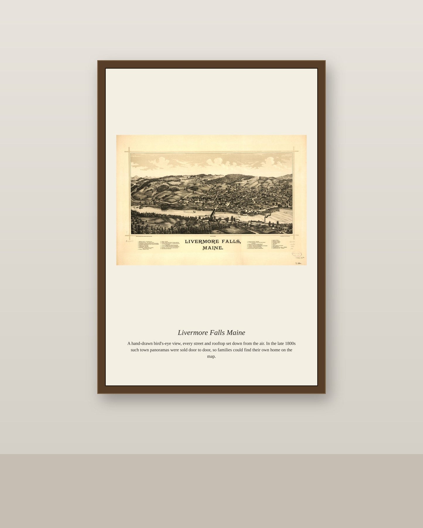 Livermore Falls Maine antique map print shown framed on a wall in a styled room