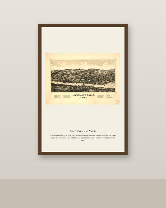 Livermore Falls Maine antique map print shown framed on a wall in a styled room