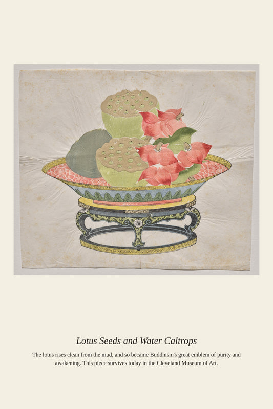 Lotus Seeds and Water Caltrops antique Chinese botanical print, lotus pods and blossoms in a blue-and-gold porcelain stand