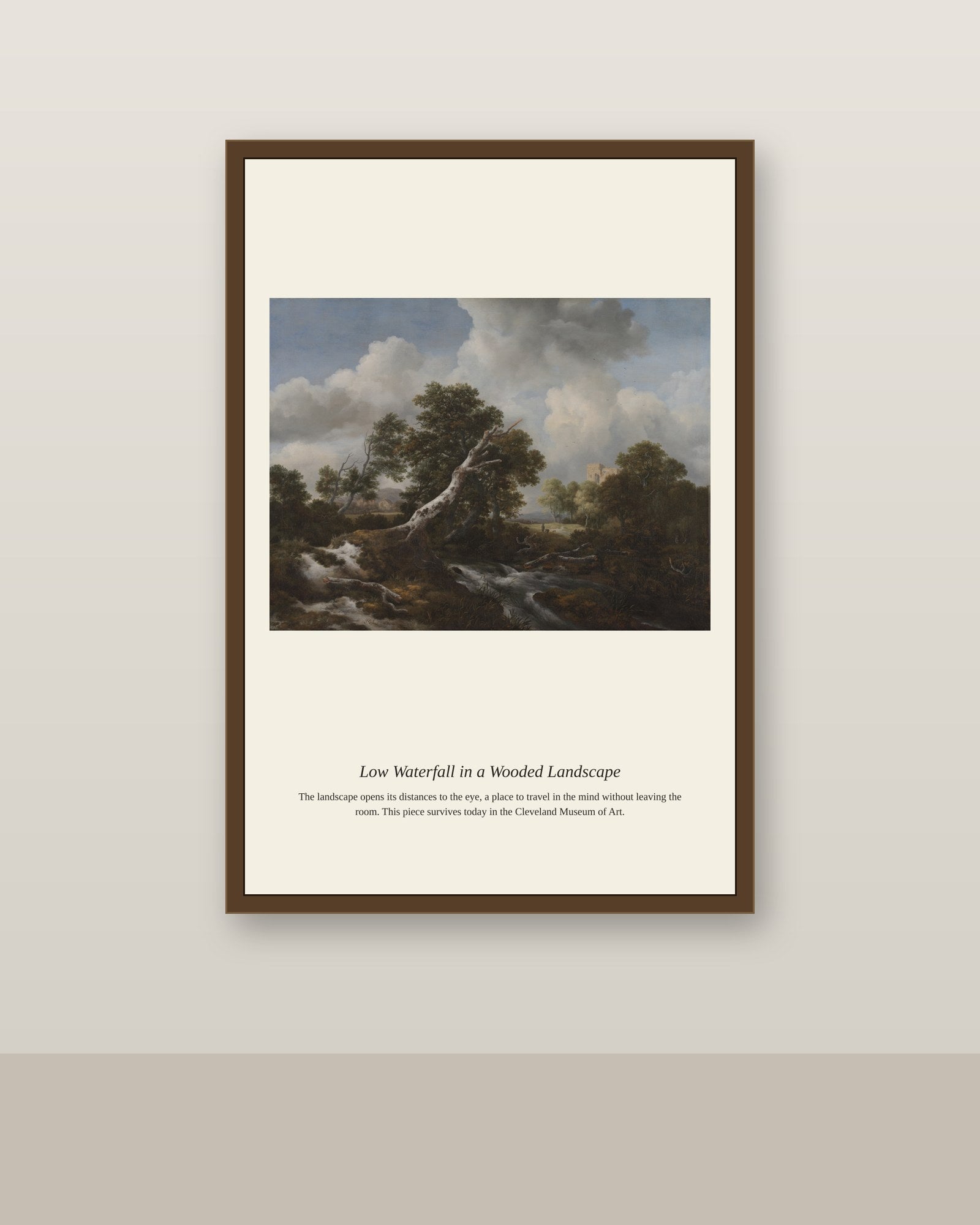 Low Waterfall in a Wooded Landscape antique landscape print shown framed on a wall in a styled room