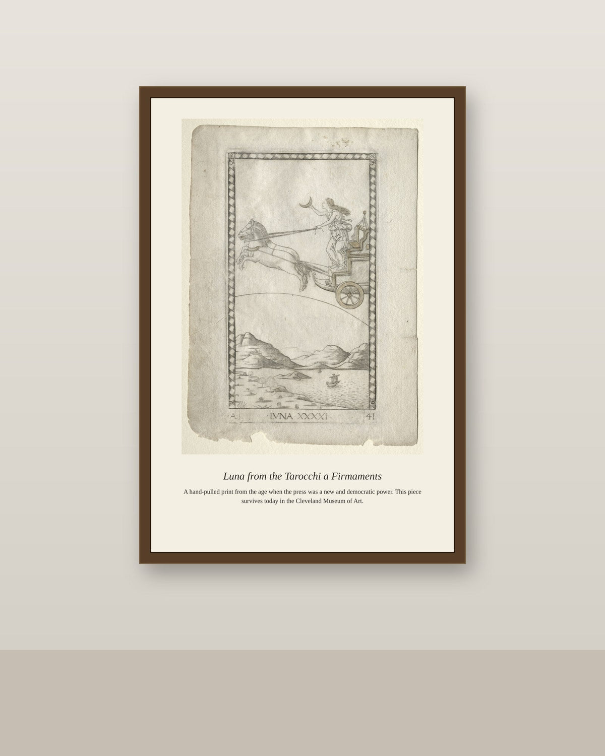 Luna, Mantegna Tarocchi antique celestial print shown framed on a wall in a styled room
