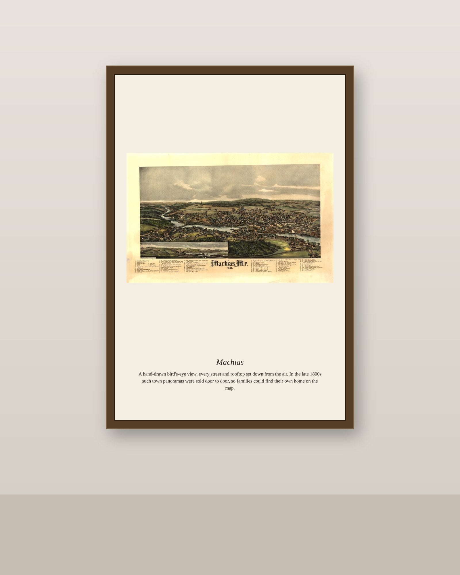 Machias antique map print shown framed on a wall in a styled room