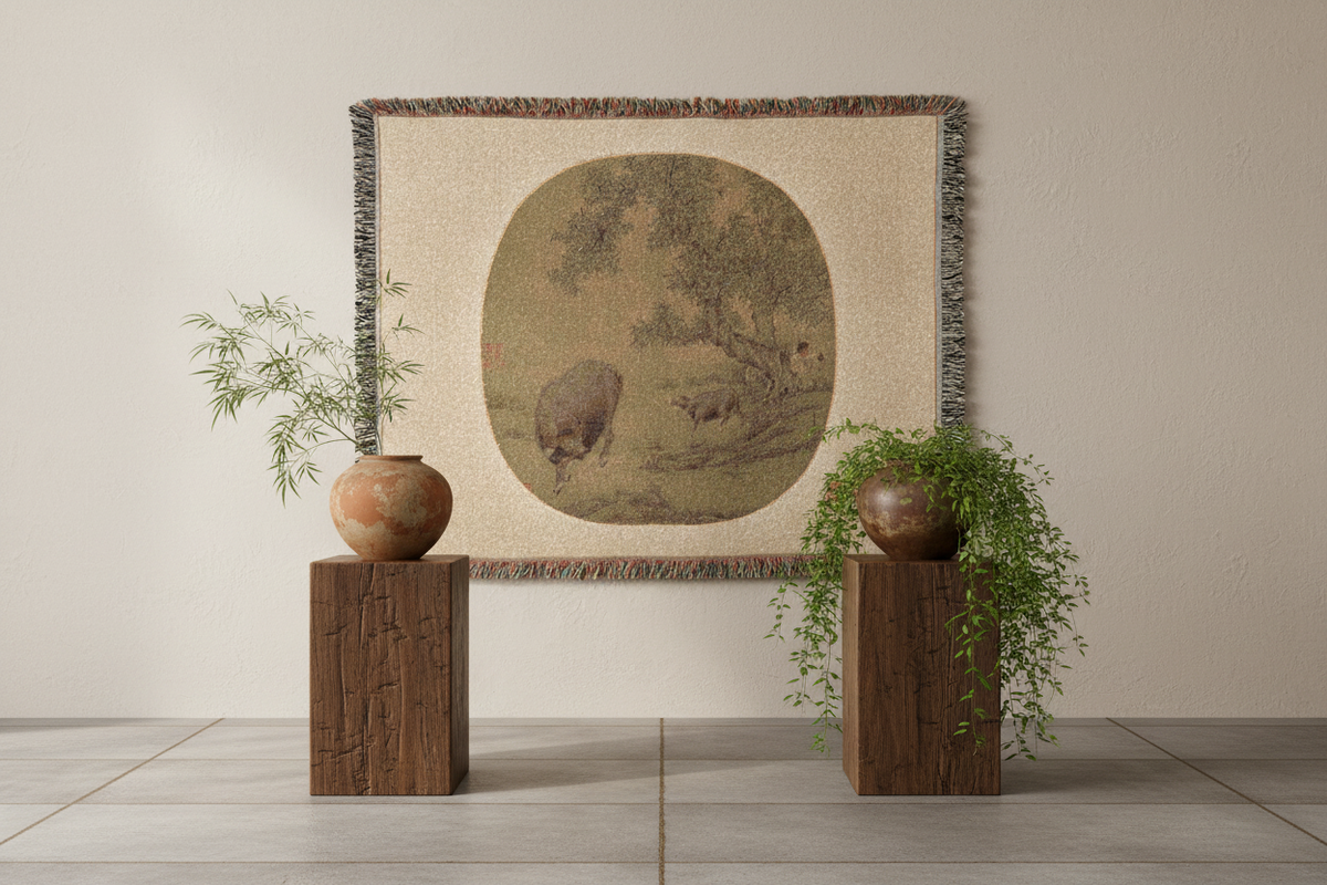 Man Buffalo and Calf Tapestry Blanket