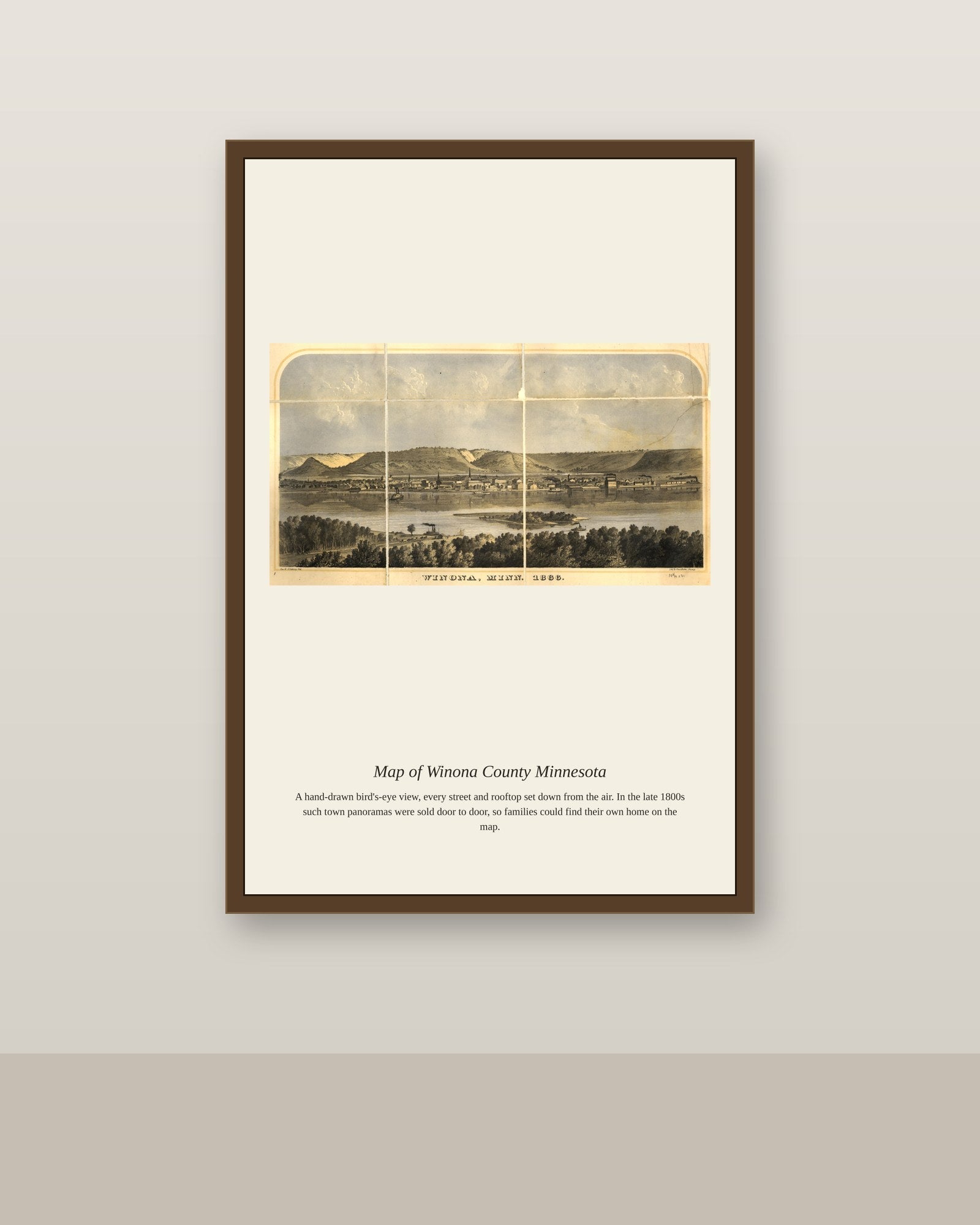 Map of Winona County Minnesota antique map print shown framed on a wall in a styled room