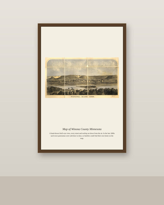 Map of Winona County Minnesota antique map print shown framed on a wall in a styled room