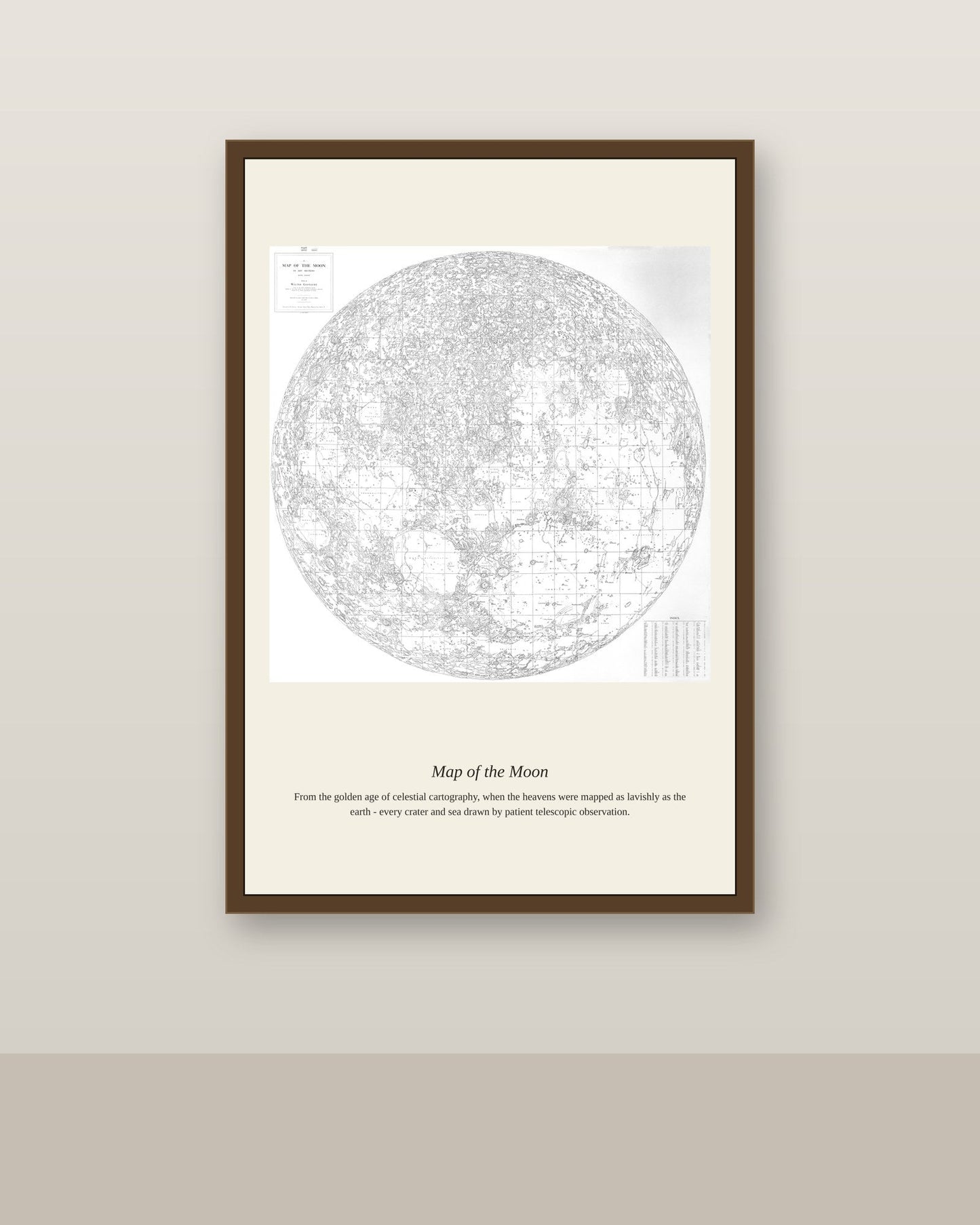 Map of the Moon antique celestial print shown framed on a wall in a styled room