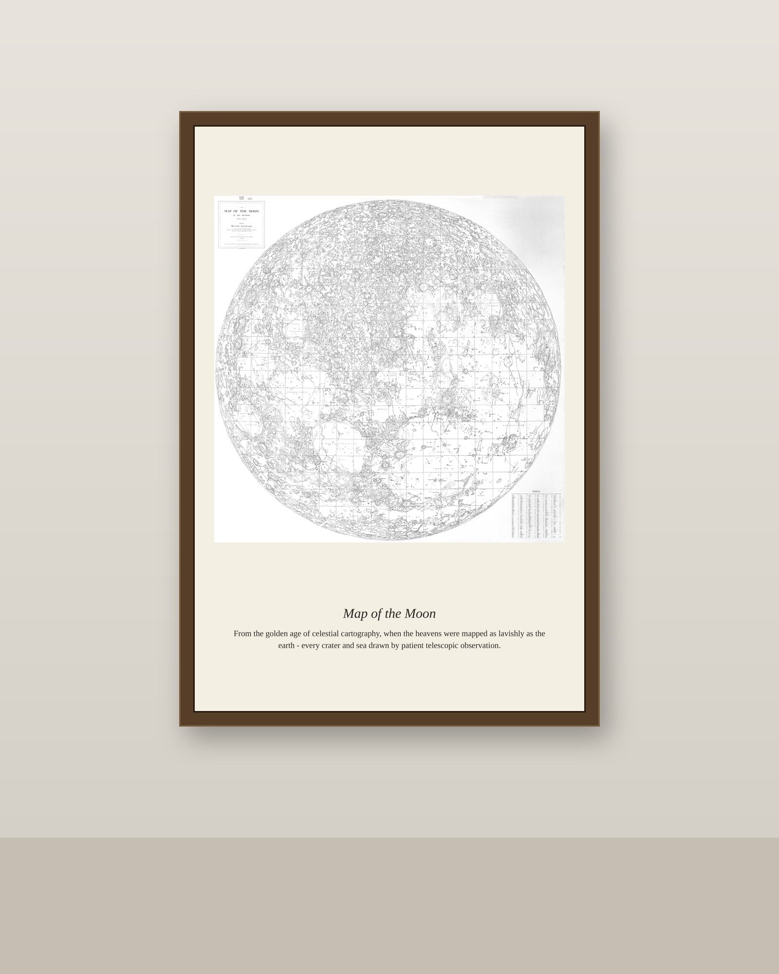 Map of the Moon antique celestial print shown framed on a wall in a styled room